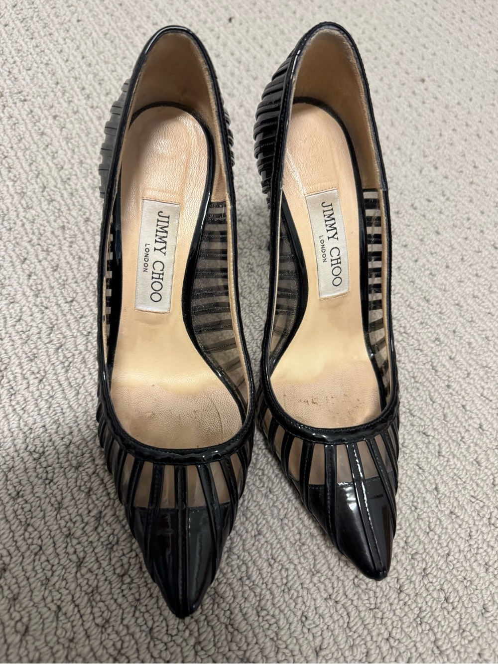 Jimmy Choo Black Patent and Sheer Striped Pointed-Toe Pumps